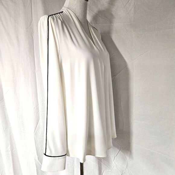 Calvin Klein White with Black Piping Pleated Drape Front Loose Fit Career Blouse - Picture 1 of 15